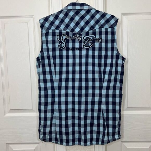 Colin’s Mens Sleeveless Button Down Blue Checkered Plaid Shirt Surfing Bay Large - Picture 2 of 11